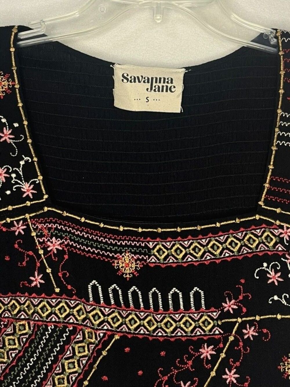 Savanna Jane Black Embroidered Boho Dress Festival Lightweight Flare Sleeve S - Picture 3 of 7